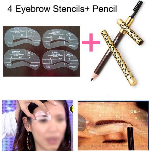 Wholesale-DHBH 4 Eyebrow Shaping Stencils Grooming Kit Makeup Tools+1 Eye Brow Pencil Brush