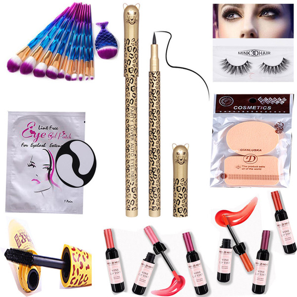 Makeup Sets Tool Make up Brushes Mink Eyelash Red Wine Bottle Lipstick Mascara Fake Eyelashes Silk Eye Pads Under Patch Eyeliner Powder Puff