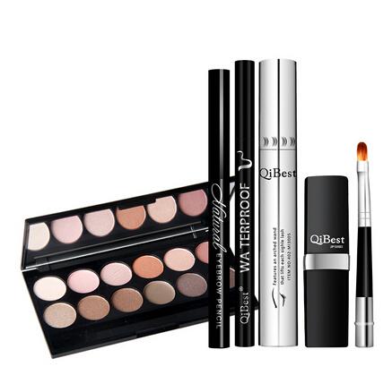 6PCS/Set Makeup Tools Qibest Eyes Makeup Set Mascara+Eyebrow pencil+Black Eyeliner + 12 Color Eyeshadow+Charming Lipstick+Lip brush
