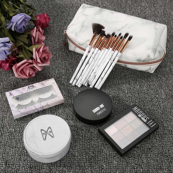 MAANGE 6Pcs Makeup Kit Eye shadow False Eyelashes Powder Pie Sponge Marble Cosmetic Brushes Make Up Bag Set
