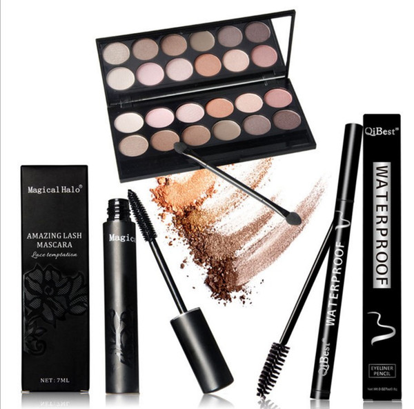 Promotion! New brand Qibest Eye makeup Set 12 color eye shadow + Mascara black + Eyeliner pen+Mascara brush combination +Christmas gift