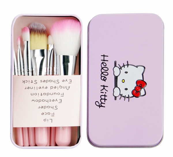 hello kitty mini makeup brushes 7pcs/set cosmetics kit pink black color make up brush Kit with Metal box