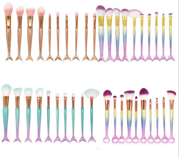 MAANGE 10PCS Mermaid Makeup Brushes Set Foundation Blending Powder Eyeshadow Blush Cosmetics Magic Fish Make Up Tools Woman Gift