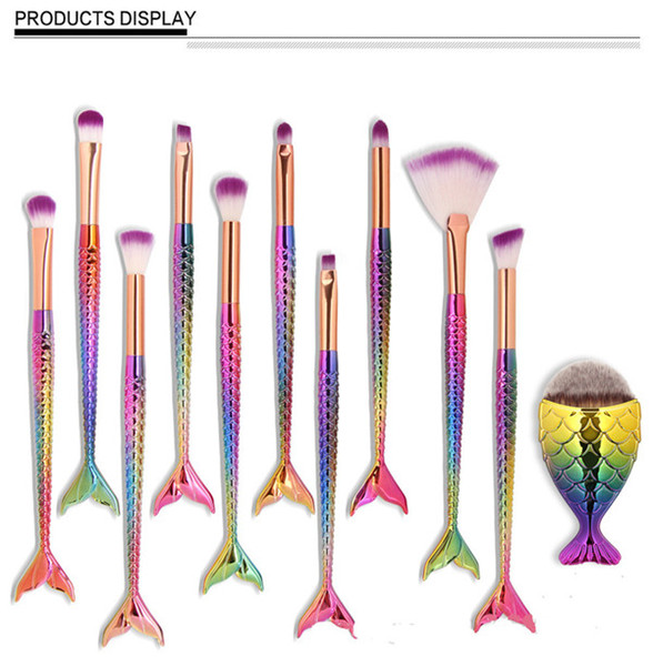 11PCS Mermaid Makeup Brush Set Fish Tail Foundation Blush Eye shadow Make up Brush Contour Blending Cosmetic Brushes Kit