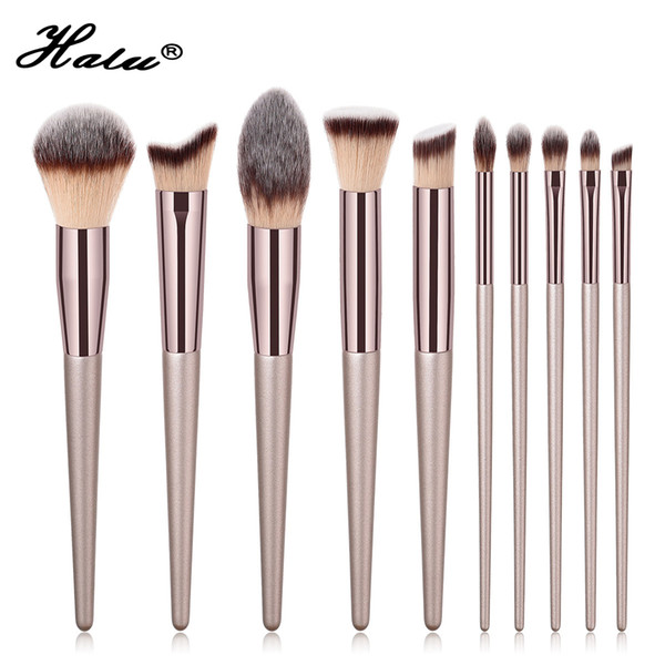 Halu Professional Champange Gold Foundation Makeup Brushes Set Cosmetic Eye Shadow Powder Brush Set Contour Brush 10pcs