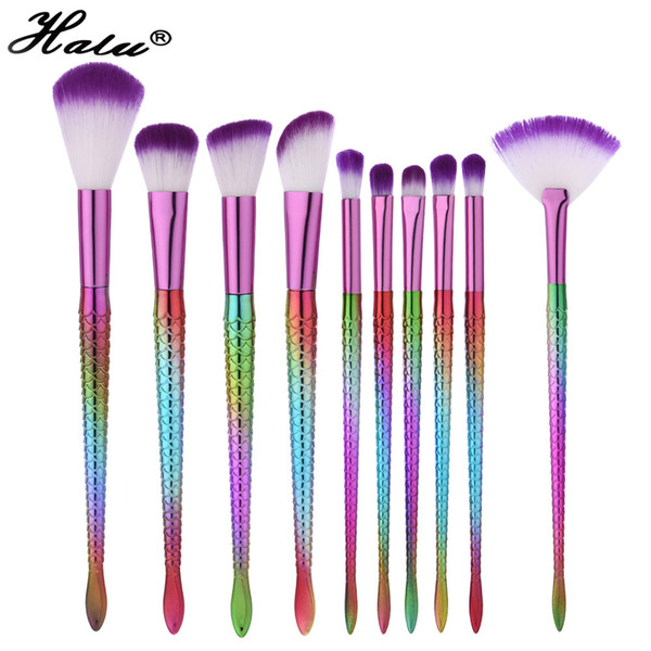 Halu 10pcs Rainbow Mermaid Professional Cosmetic Makeup Brushes Set Blending Powder Blusher Brush Eyeshadow Concealer Brush