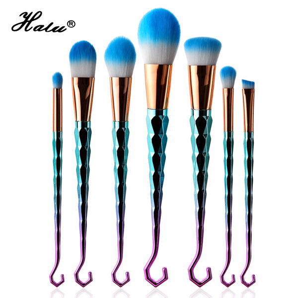 Halu Unicorn Professional Foundation Concealer Makeup Brush Set 7Pcs Hook Diamond Cosmetic Eyeshadow Eyebrow Fan Brush Set