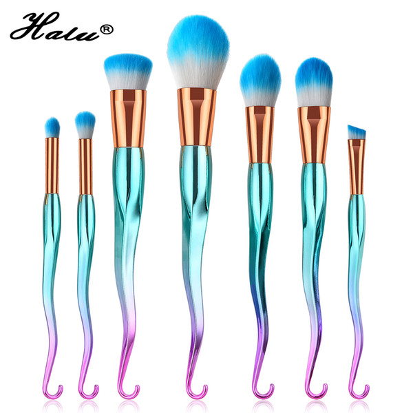 Halu Unicorn Professional Foundation Concealer Makeup Brush Set 7Pcs Hook Sword Cosmetic Eyeshadow Eyebrow Fan Brush Set