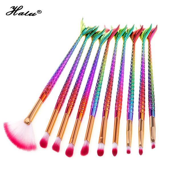 Halu 10pcs Rainbow Mermaid Professional Cosmetic Eye shadow Makeup Brushes Set Blending Fan Face Concealer Brush