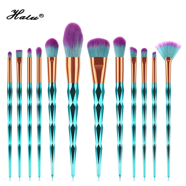 Halu 12pcs Unicorn Diamond Makeup Brushes Set Professional Cosmetic Brush Set Blue Macarons color Powder Facial Kit