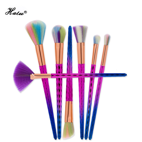 Halu 7Pcs Unicorn Professional Makeup Brush Set Purple Rainbow Handle Makeup Brushes Cosmetics Blusher Powder Blending Fish Scale Brush