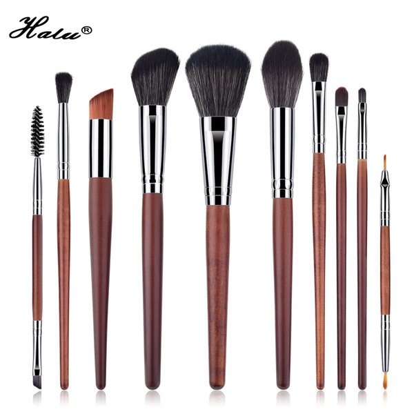 Halu 10pc Professional Wooden Foundation Makeup Brushes Set Wooden Powder Blush Concealer Cosmetic Brushes Set