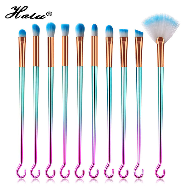 Halu Unicorn Fish Hook Professional Foundation Concealer Makeup Brush Set 10Pcs Hook Cosmetic Eyeshadow Fan Brush Set