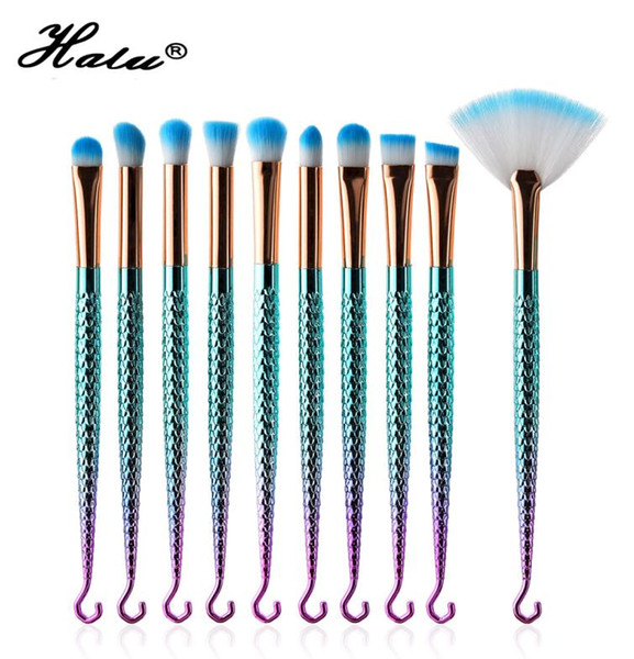 Halu 10Pcs Fish Hook Professional Makeup Brush Set Mermaid Eye Powder Makeup Brush Set Cosmetic Makeup Brushes Set Kits