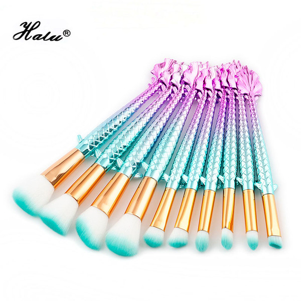 Halu Quanlity 10Pcs Unicorn Mermaid Makeup Brushes Set Professional Soft Makeup Foundation Brushes Face Shadows Make Up Tool