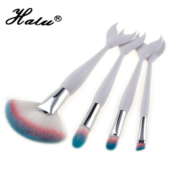 Halu 4pcs White Tail Mermaid Cosmetic Makeup Brushes Set Fishtail Professional Brush Foundation Blending Powder Eyeshadow Kit