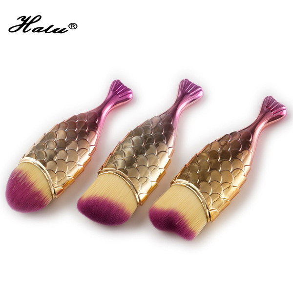 Halu 3Pcs Long Gold Mermaid Makeup Brushes Set Foundation Powder Contour Blusher Cosmetic Brushes Sets Fat Pink Blue Mermaid