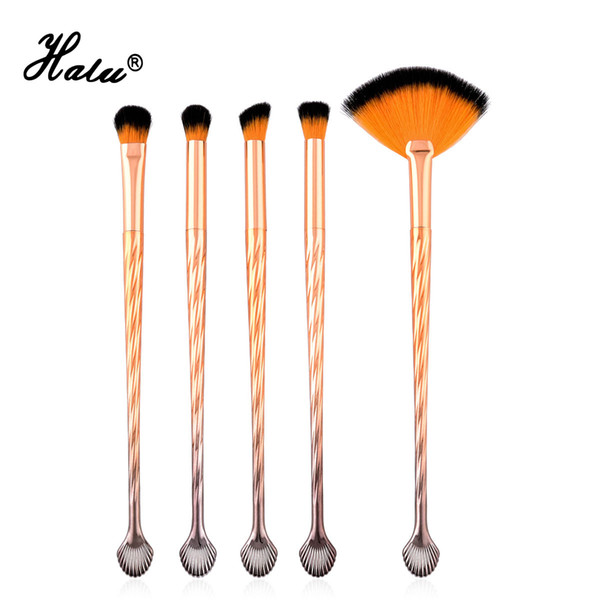 Halu 5pcs Professional Mermaid Eyeshadow Fan Makeup Brushes Set Gold Shell Nose Lips Cosmetic Brush Set Kit