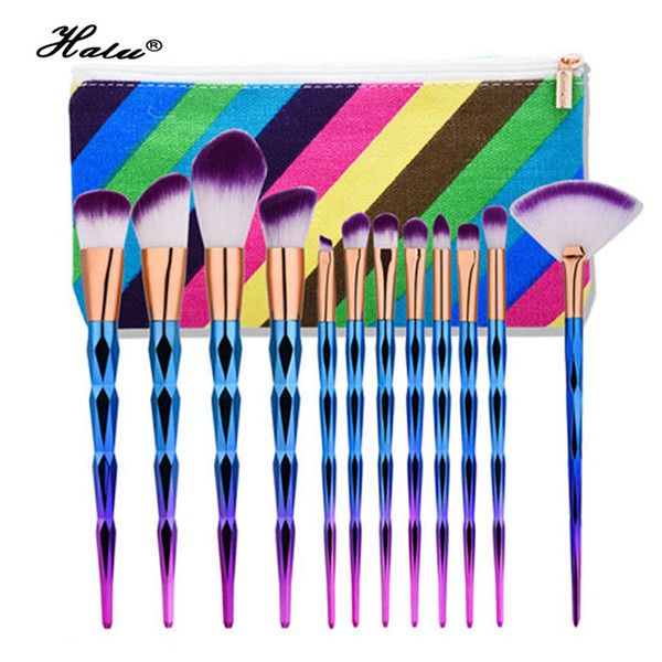 Halu 12Pcs Eyeshadow Cosmetic Brush Set Dimond Unicorn Makeup Brushes Set With Bag Foundation Professional Makeup Brush Set