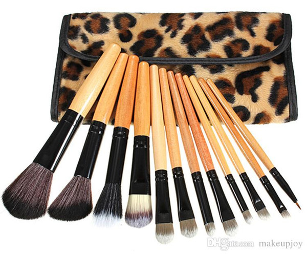 12 Pcs Leopard Makeup Brushes Set Professional natural wood handle Foundation make-up cosmetic tools with Leopard velvet leather case