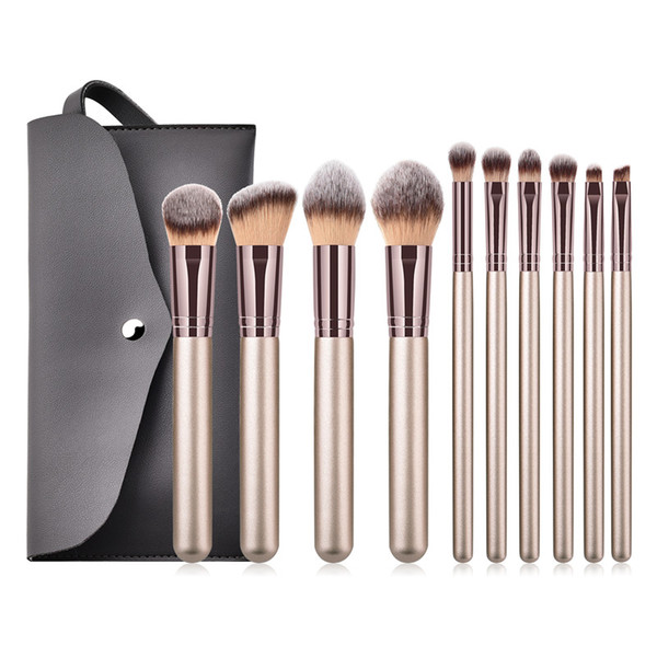 10pcs Champagne Makeup Brushes Set + Bag Powder Buffing Sculpting Smoky Eyeshadow Eyebrow Concealer Tapered Blending Brush