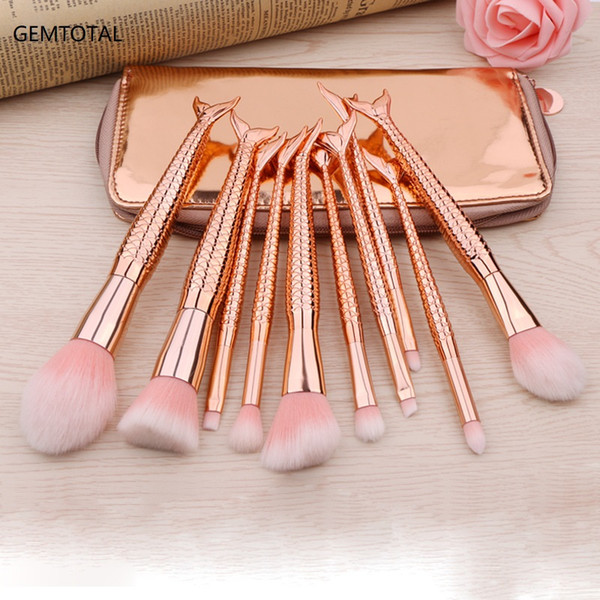 10 PCS Golden Mermaid Makeup Brushes Set Foundation Blending Powder Eyeshadow Contour Concealer Blush Cosmetic Beauty Tools Kit with Pu Case