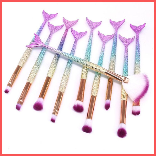 Free Shipping by ePacket 10 PCS Mermaid Makeup Brushes Set Foundation Blending Powder Eyeshadow Contour Concealer Blush Cosmetic Makeup Tool