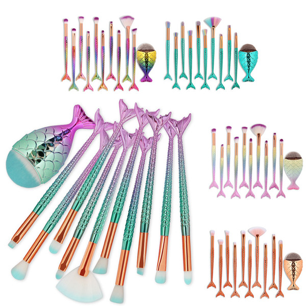 11PCS Pro Mermaid Makeup Brushes Foundation Eyebrow Eyeliner Blush Powder Cosmetic Concealer Fish Tail Professional Makeup Brushes Set Kit