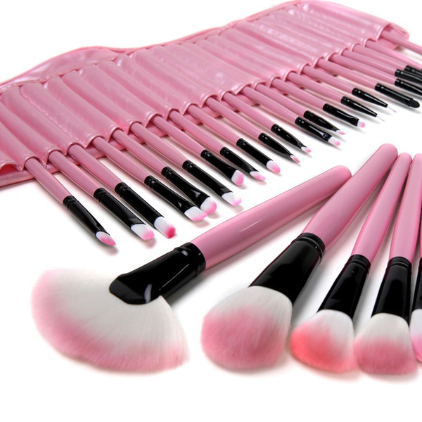 32 PCS Pink Wool Makeup Brushes Tools Set with PU Leather Case Cosmetic Facial Make up Brush Kit Free Shipping