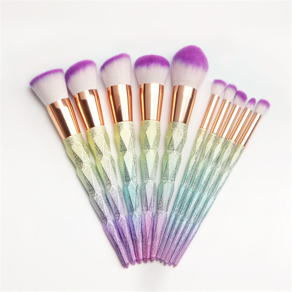 Professional 10pcs Makeup Brushes Set Thread Rainbow Diamond Handle Shape Unicorn Horn Face Make up Brush Cosmetic Tool Kit