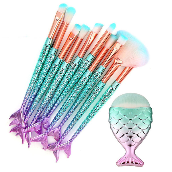 11pcs Makeup Brush Set Colorful Fish Tail Powder Foundation Eyebrow Eyeliner Blush Cosmetic Concealer Mermaid Brushes