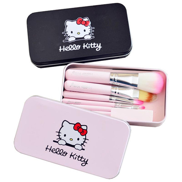 2018 Newest Black Hello Kitty 7Pcs Makeup Brush Set Mini Size Professional Facial Cosmetics Make Up Brushes Set With Metal Box