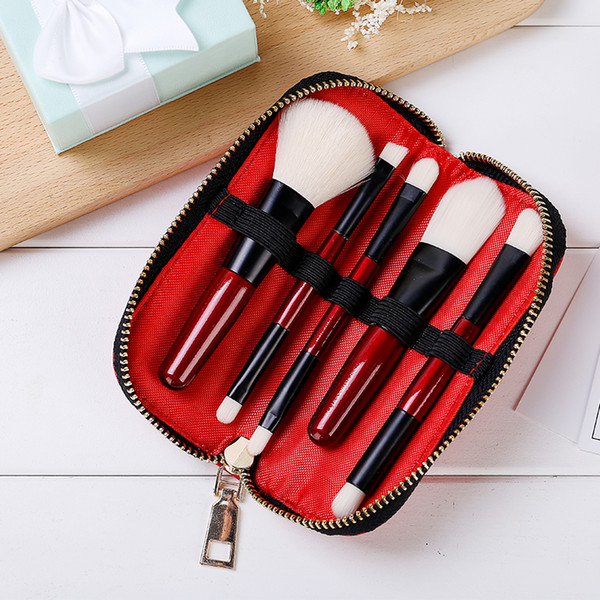 Makeup Brush Five Suits Set Red Double-headed Fiber Hair Makeup Brush Delivery Red Pu Pack