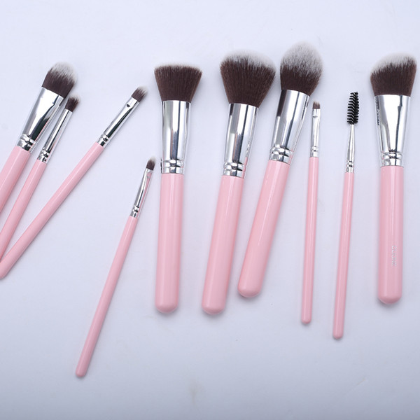 10 Pink Cosmetic Brushes Set with wooden handle, fibre hair, cosmetic brushes, cosmetic tools