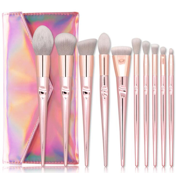 10pcs/set Makeup Brushes Set Foundation Blusher Powder Make Up Brushes Set Cosmetics Soft Synthetic Hair With Laser PU Case