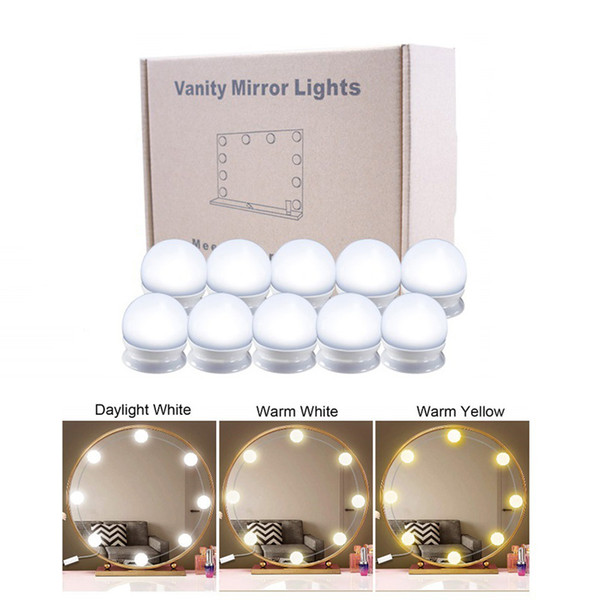 high quality 10 LED Light Bulbs Kit for Makeup Mirror, 3 color tones+ Adjustable Brightness lights+USB Charging Port