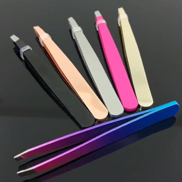 High quality Steel Slanted Tip Eyebrow Tweezers Face Hair Removal Clip Brow Trimmer Makeup Tool Accept logo print