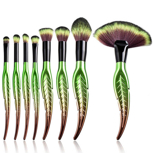 8pcs/set Green Makeup Brushes Set Cosmetic Foundation Eyebrow Eyeliner Blush Powder Concealer Leaf Shape Handle Makeup Brushes