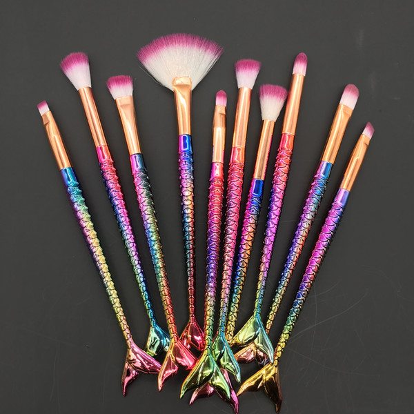 10PCS Mermaid Makeup Brushes Set Foundation Blending Powder Eyeshadow Contour Concealer Blush Cosmetic Makeup Tool D012