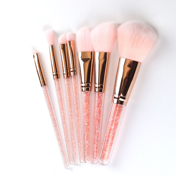 In Stock! 7Pcs Quicksand Crystal Makeup Brush Inside Diamond Plastic handle Man-made fiber Pink bag Makeup tools 20*11cm