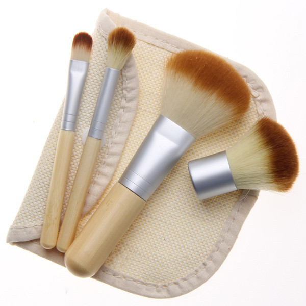 HOT 4 pcs/set Bamboo handle Makeup Brushes Linen Bag Makeup brush Set cosmetics brush kits tools 11*3.5cm CS00401