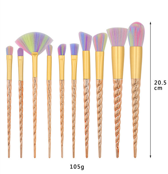 Hot 10 PCS Gold Spiral Colorful Makeup Brushes The Fan brush Makeup Tools Size 20.5*4cm free shipping