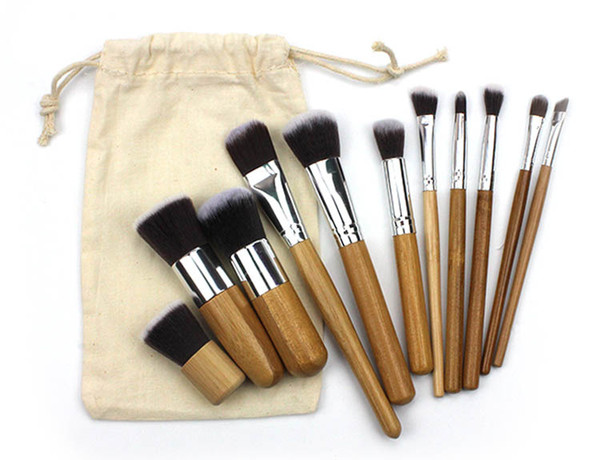 2018 Professional Makeup Brushes Set 11pcs bamboo handle makeup brush+linen bag cosmetics brush kits tools 17.5*2.4cm