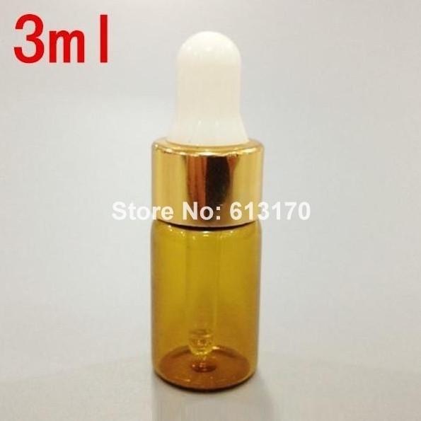 New arrival 100pcs 3ml Amber Glass Dropper Bottles Essential Oil bottle, Small Sampling Vials white rubber gold collar