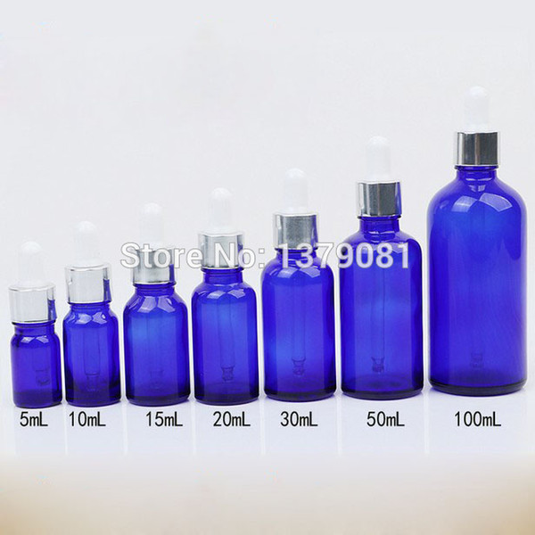 5ml,10ml,15ml,20ml,30ml,50ml,100ml Blue Mini Glass Bottles with Dropper DIY Sample Vial Essential Oil Bottle Silve Rim Free ship