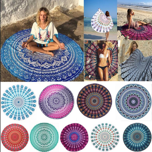 150*150CM Polyester Round Beach Towel Hippie Mandala tapestry Boho Hippie Indian Tablecloth Yoga Mat Sunscreen Shawl Wrap Indian Mat Picnic