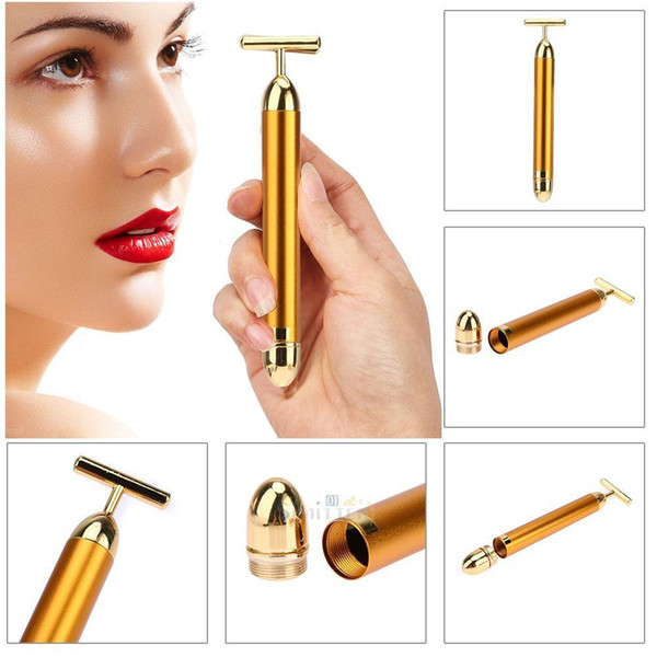 24K Golden Pulse Waterproof T Shape Facial Roller Skin Care Beauty Bar Massager