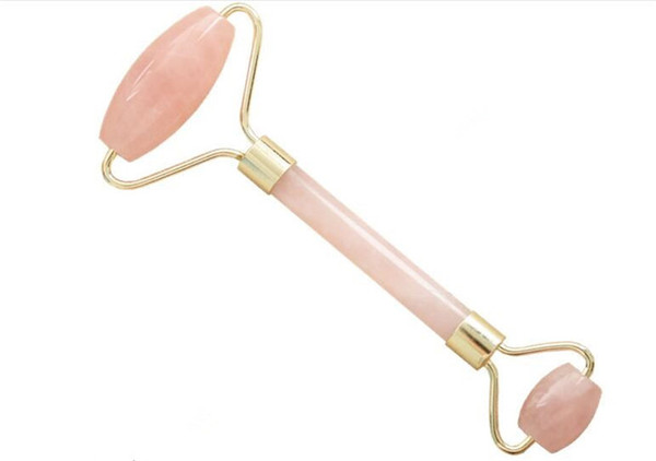 100pcs Natural Tumbled Chakra Rose Quartz Carved Reiki Crystal Healing Gua Sha Beauty Roller Facial Massor Stick with Alloy Gold-Plated X071