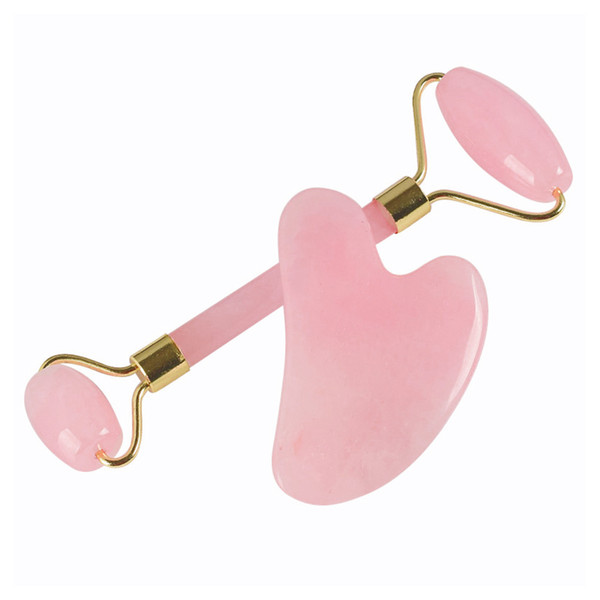 Rose Quartz Roller Natural Jade Facial Roller Massager Set for Face Anti Aging Anti Wrinkle( Rose Quartz + Heart-shaped Jade)