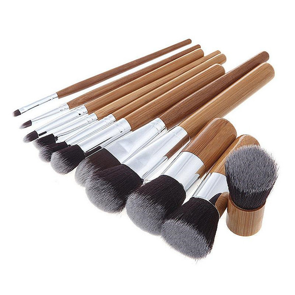 Hot Sell 11PCS Makeup Brushes Sets Kits Bamboo Handle Brushes Foundation Eyeshadow Blush Brushes Set Kit with gunny bag